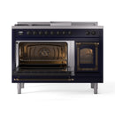 Midnight blue dual fuel range with both ovens open and bronze interior burner details