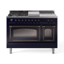Midnight blue dual-fuel range with griddle top, ovens closed, front view