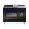 ILVE Nostalgie II Noblesse 48-Inch 5.02 Cu. Ft. Dual Oven Natural Gas Dual Fuel Range with 5 Burners, Griddle, French Top and Triple Glass Door in Midnight Blue with Burnished Bronze Trim (UN48FSNMPMBB)