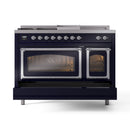 Midnight blue dual oven range with chrome trim and control knobs above