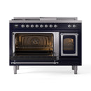 Midnight blue dual fuel range with open left oven door and right viewing door