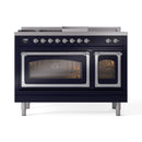 Midnight blue dual fuel range with two closed oven doors and front control knobs