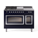 Midnight blue gas dual fuel range with chrome trim, griddle/controls, and two glass oven doors