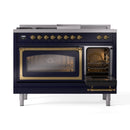 Midnight blue dual-fuel range with brass-trim handles; left oven open, right closed