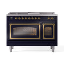 Midnight blue dual-fuel range with brass trim, both oven doors closed, front view