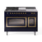 ILVE Nostalgie II Noblesse 48-Inch 5.02 Cu. Ft. Dual Oven Propane Gas Dual Fuel Range with 5 Burners, Griddle, French Top and Triple Glass Door in Midnight Blue with Brass Trim (UN48FSNMPMBGLP)