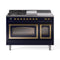 ILVE Nostalgie II Noblesse 48-Inch 5.02 Cu. Ft. Dual Oven Natural Gas Dual Fuel Range with 5 Burners, Griddle, French Top and Triple Glass Door in Midnight Blue with Brass Trim (UN48FSNMPMBG)