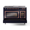 Freestanding gas range front view with both glass oven doors and copper trim in midnight blue