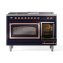Midnight blue dual-fuel freestanding range with one oven door open, showing racks