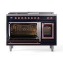 Midnight blue dual-fuel freestanding range with both oven doors open and copper trim