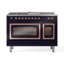 Midnight blue dual-fuel freestanding range with copper-trim oven doors and control panel