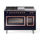 Midnight blue dual-fuel freestanding range with copper-trim triple-glass oven doors
