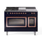 ILVE Nostalgie II Noblesse 48-Inch 5.02 Cu. Ft. Dual Oven Propane Gas Dual Fuel Range with 5 Burners, Griddle, French Top and Triple Glass Door in Midnight Blue with Copper Trim (UN48FSNMPMBPLP)
