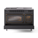 Matte graphite dual fuel range front view with oven doors open and bronze-trim handles