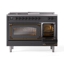 Matte graphite dual fuel range with two oven doors open and bronze trim