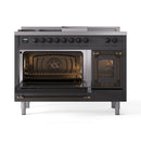 Matte graphite dual fuel range with both ovens open, burners and control knobs