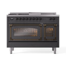 Matte graphite dual fuel range with left oven door and right oven door open