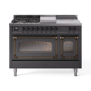 Matte graphite dual fuel range with two oven windows and control panel knobs