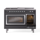 Dual fuel range with one oven door open, other door closed, chrome trim