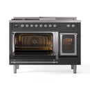 Matte graphite dual fuel range with left oven door open and right door closed