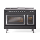 Dual fuel range with double glass doors and lit oven interior, matte graphite with chrome trim