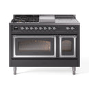 Dual fuel range showing griddle top, control knobs, and two oven doors in matte graphite