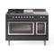 ILVE Nostalgie II Noblesse 48-Inch 5.02 Cu. Ft. Dual Oven Natural Gas Dual Fuel Range with 5 Burners, Griddle, French Top and Triple Glass Door in Matte Graphite with Chrome Trim (UN48FSNMPMGC)