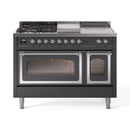 Matte graphite dual fuel range with chrome trim, griddle cover, and two glass oven doors
