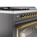 Matte graphite dual fuel range control panel with brass knobs and oven window