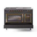Matte graphite range with brass-trimmed doors and lit oven viewing windows
