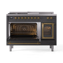 Dual fuel range with both ovens open, brass door frames, and interior lighting