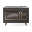 Matte graphite dual fuel range with brass control knobs and two closed oven doors
