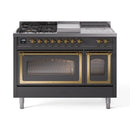 Matte graphite dual fuel range with brass trim, French top and sealed burners