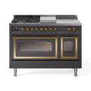 Matte graphite dual fuel range with brass-trimmed burners and two glass-oven doors