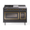 ILVE Nostalgie II Noblesse 48-Inch 5.02 Cu. Ft. Dual Oven Propane Gas Dual Fuel Range with 5 Burners, Griddle, French Top and Triple Glass Door in Matte Graphite with Brass Trim (UN48FSNMPMGGLP)