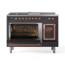 Matte graphite dual-fuel range with both ovens open, copper trim, and interior racks