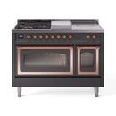 Matte graphite dual-fuel range showing burners, griddle, and copper control knobs
