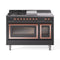 ILVE Nostalgie II Noblesse 48-Inch 5.02 Cu. Ft. Dual Oven Propane Gas Dual Fuel Range with 5 Burners, Griddle, French Top and Triple Glass Door in Matte Graphite with Copper Trim (UN48FSNMPMGPLP)
