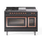 ILVE Nostalgie II Noblesse 48-Inch 5.02 Cu. Ft. Dual Oven Natural Gas Dual Fuel Range with 5 Burners, Griddle, French Top and Triple Glass Door in Matte Graphite with Copper Trim (UN48FSNMPMGP)