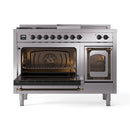 Stainless steel dual-fuel range with both oven doors open, illuminated interiors