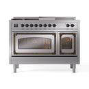 Stainless dual fuel range with bronze trim, both oven viewing windows and burner knobs