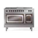 Stainless steel dual-fuel range with control panel and glass-front ovens