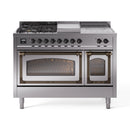Stainless steel dual-fuel range with front knobs and dual oven doors, French top