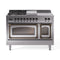 ILVE Nostalgie II Noblesse 48-Inch 5.02 Cu. Ft. Dual Oven Natural Gas Dual Fuel Range with 5 Burners, Griddle, French Top and Triple Glass Door in Stainless Steel with Burnished Bronze Trim (UN48FSNMPSSB)