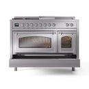Stainless steel dual fuel range with wide glass oven window and smaller door