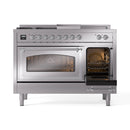Stainless steel dual fuel range with large oven window open and right oven door open