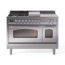Stainless steel dual fuel range with cooktop burners and two oven doors