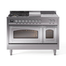 Stainless steel dual fuel range with burners and both glass oven doors closed