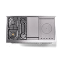 Stainless steel dual fuel range showing underside burner and gas valve layout