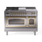 ILVE Nostalgie II Noblesse 48-Inch 5.02 Cu. Ft. Dual Oven Propane Gas Dual Fuel Range with 5 Burners, Griddle, French Top and Triple Glass Door in Stainless Steel with Brass Trim (UN48FSNMPSSGLP)